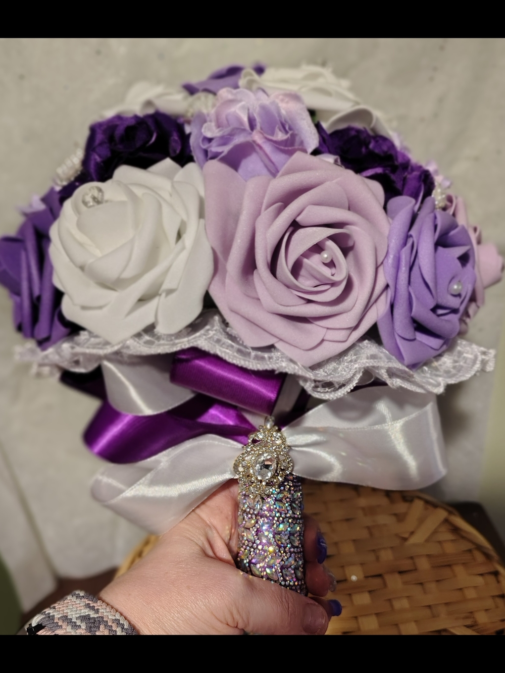 Purple and White Artificial Bouquet with Rhinestone Handle